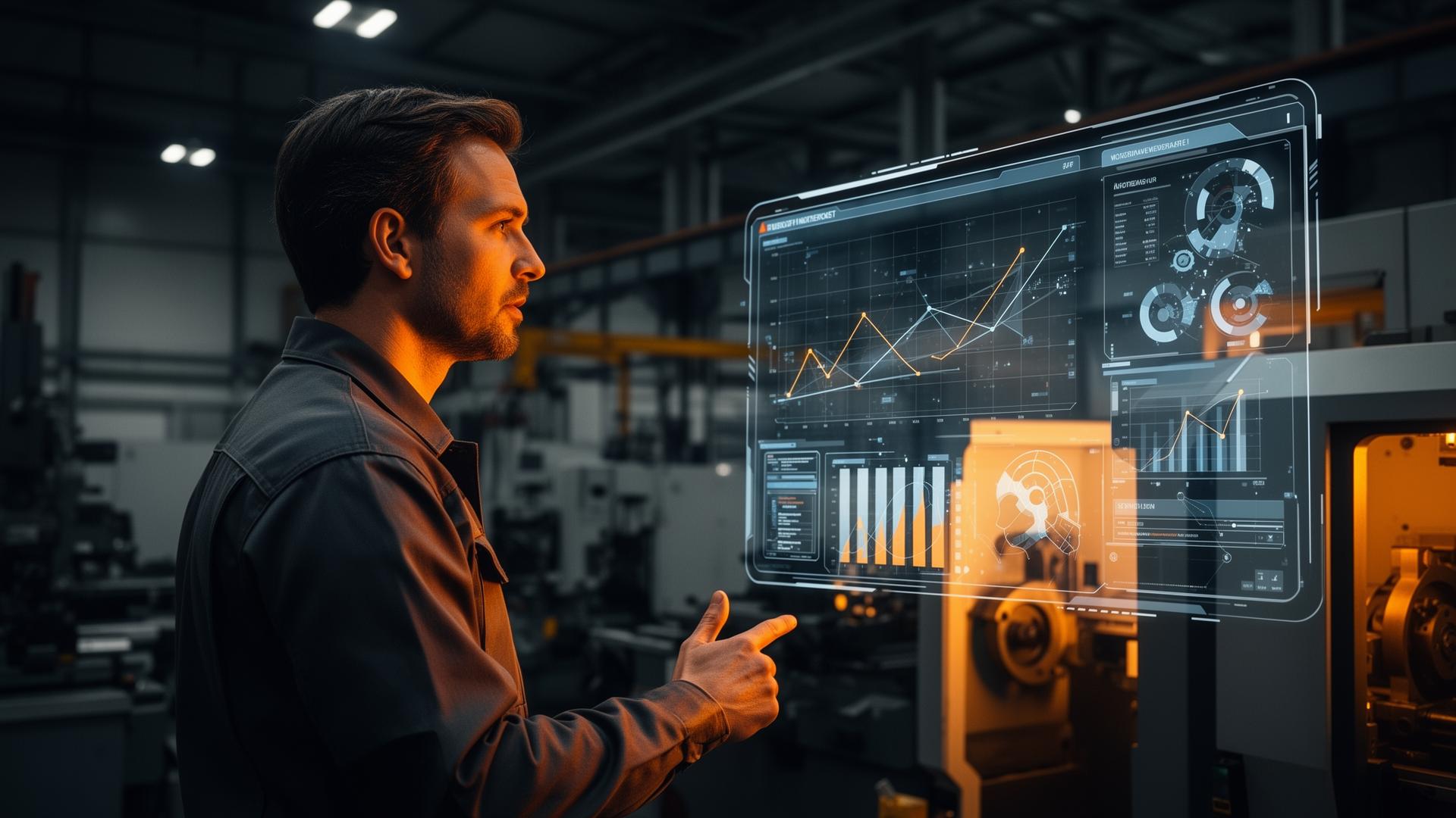 Mittelstand-Ingenieur arbeitet mit KI-Dashboard in moderner Fabrik